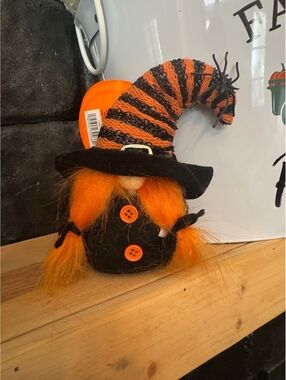 Halloween Witch Gnome Decoration with Orange and Black Striped Hat